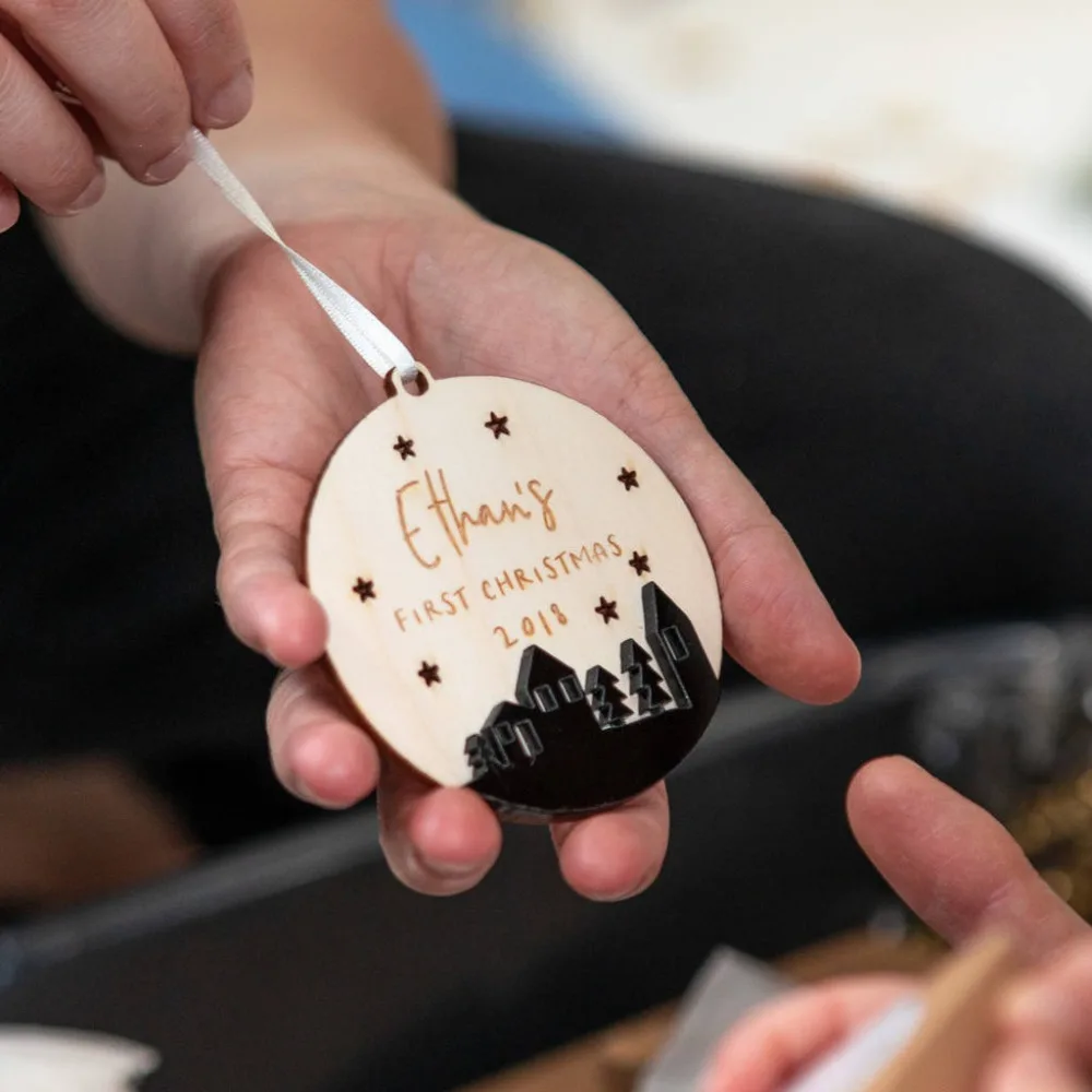 

Personalised 2019 Night Sky Family Christmas star Bauble, Christams tree decoration, Custom ornament in wood and acrylic