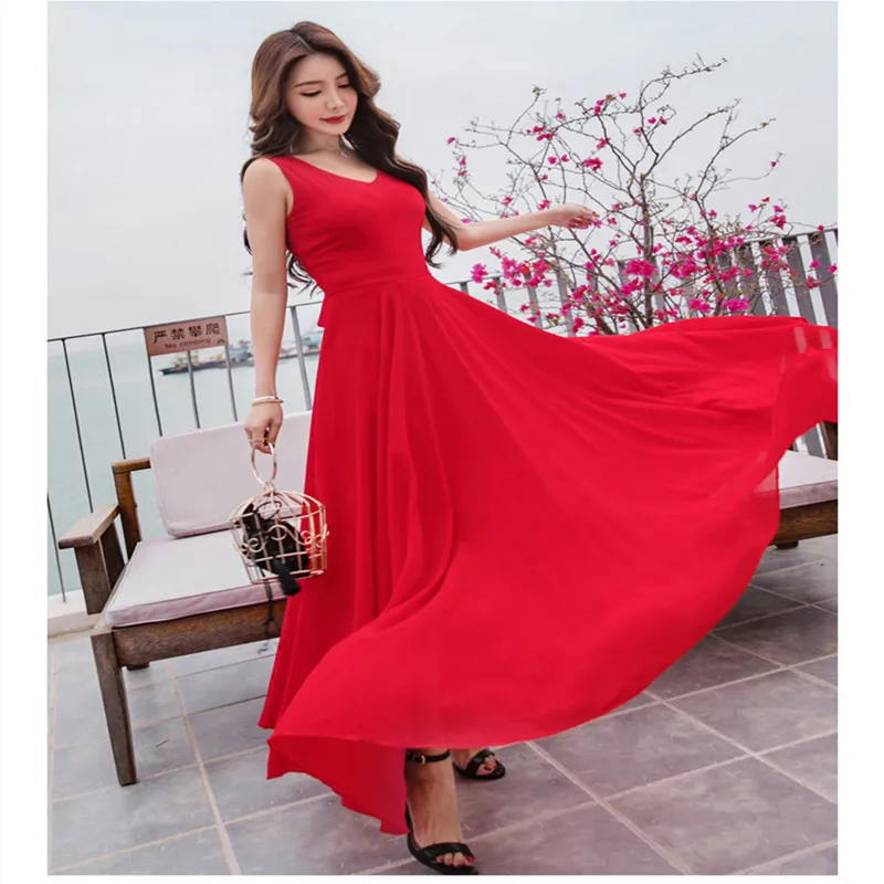 2019 New Summer Beach Dress Women's Fashion Sleeveless V-Beck Red Blue Long Dress Elegant Robes Women's Plus Size 5XL (4)