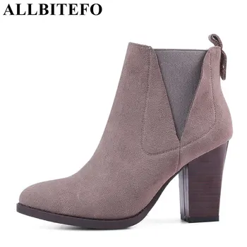 

ALLBITEFO full genuine leather pointed toe thick heel women boots fashion brand high heels platform ankle boots ladies shoes