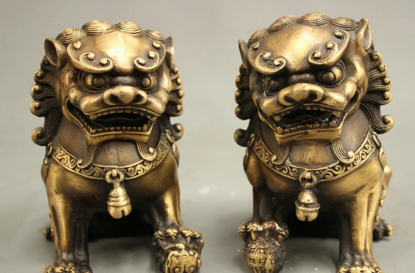 

S2815 Chinese Fengshui Bronze Ball Exorcise Evil Spirits Foo Fu Dog Lion Statue Pair D0317