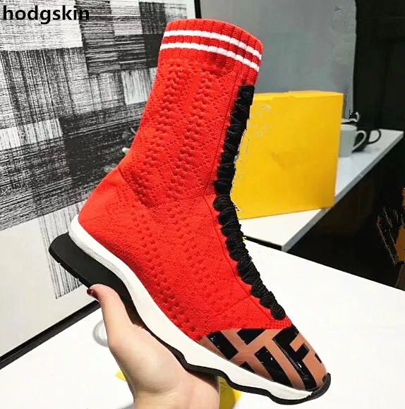 

Runway Red Black Sock Women Boots Spell Color Stretch Fabric Flat Casual Shoes Woman Wedges Ankle Boots Slip On Zapatos Shoes
