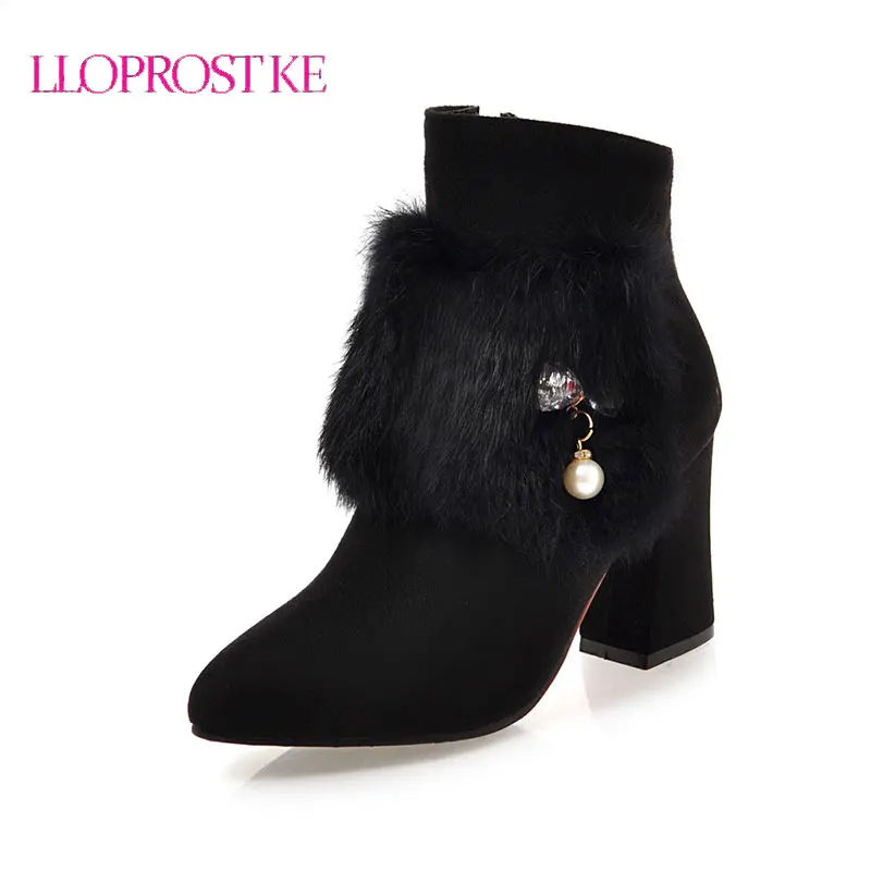 

LLOPROST KE Women Ankle Boots 2017 Winter Fashion Sweet Women Square Heel High Heels Small Pointed Toe Zipper Boots LYZ087