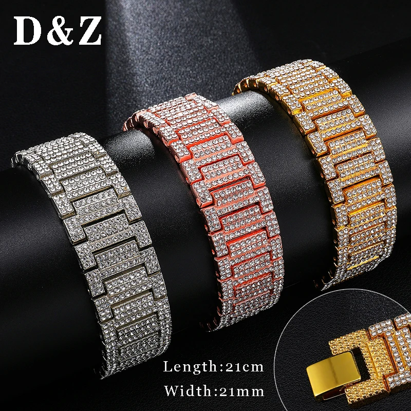 

D&Z 21mm Hip Hop Iced Out Bling Rhinestone Watch Band Chain Bracelet Men Alloy Wristband Pulsera Hombre