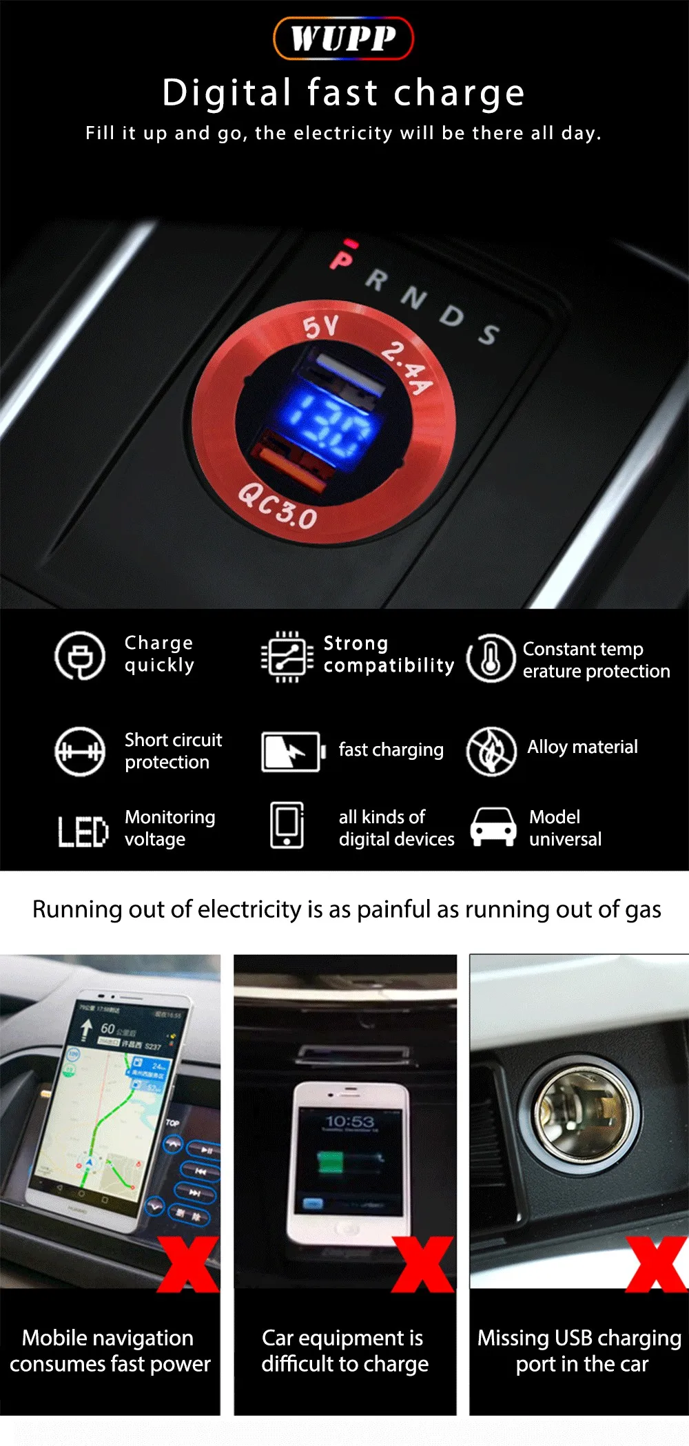 WUPP QC 3,0 адаптер питания автомобильное быстрое зарядное устройство светодиодный индикатор вольтметр 5 В/3,4 А двойной порт алюминиевая Зарядка для Android iPhone