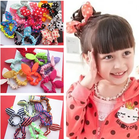 

10 Pcs/lot Wholesale New Fashion Bunny Ear Cloth Color Women Ponytail Holder Elastics Rings Girls Hair Ties PT020