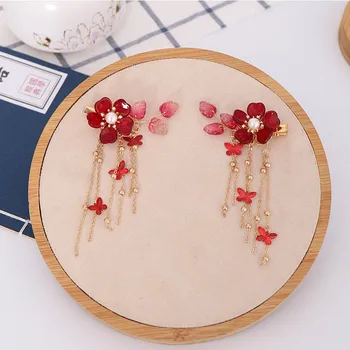 

FORSEVEN Chinese Bridal Bride Wedding Hair Jewelry Crystal Red Butterfly Flower Hairclip Long Tassels Hairpins Dress Headwear
