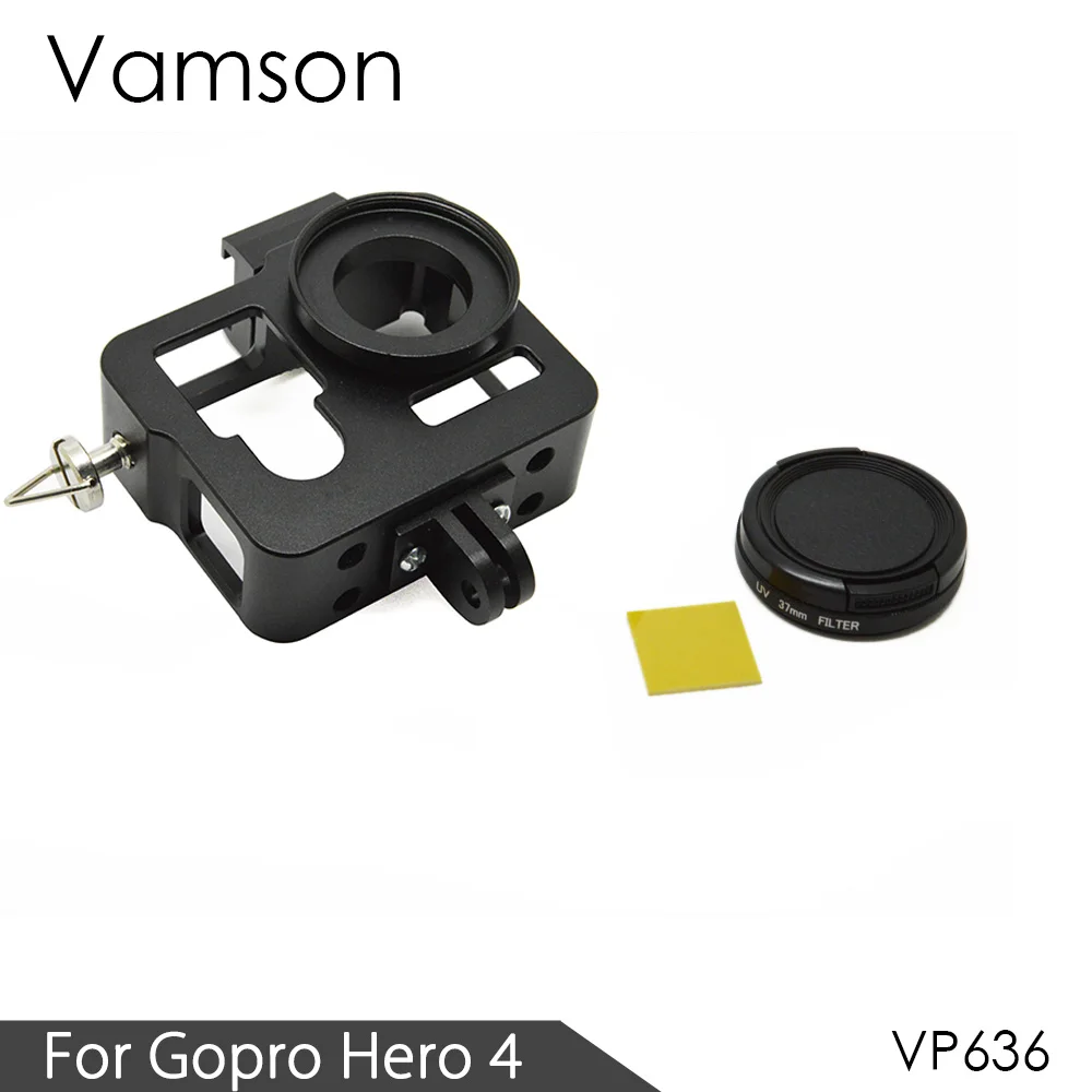 Vamson для Gopro Hero 4 аксессуары Алюминиевый металлический защитный корпус чехол с ЧПУ рамка+ крышка объектива фильтр 5 цветов VP636 - Цвет: VP636Black