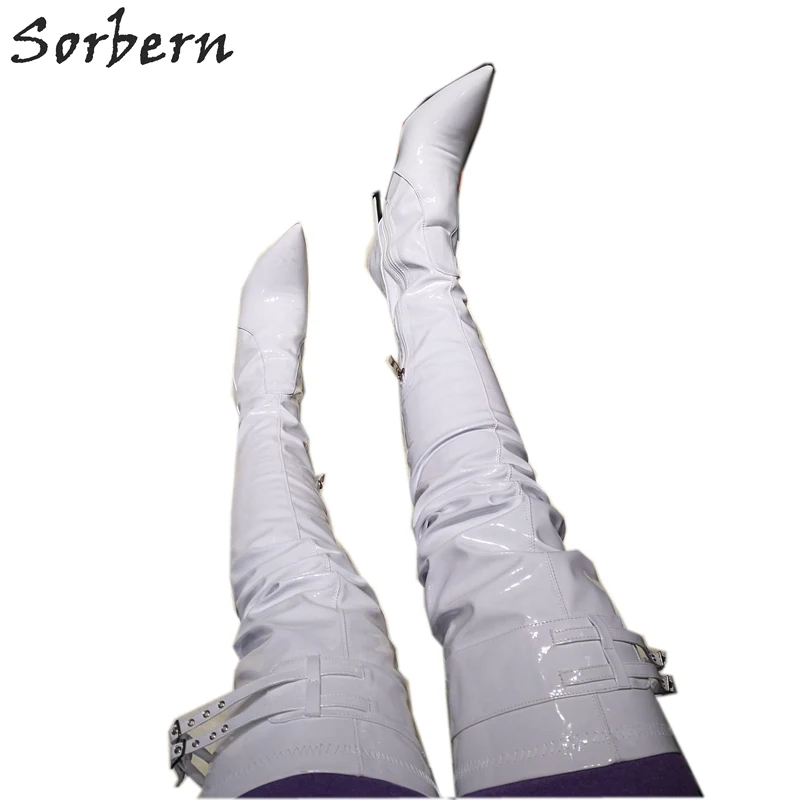 Женские лакированные высокие сапоги Sorbern белые до бедра на высоком каблуке