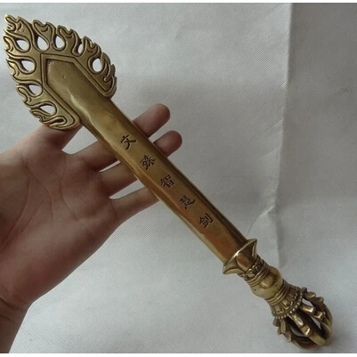 

Copper Brass CHINESE crafts decor ation Asian 12" Tibet Brass Buddhist Manjushri Buddha Sword Statue WenShu Dagger Holder