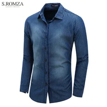 S.ROMZA Men’s Denim Shirt Striped Long Sleeve Shirt Lapel Regular Button Cardigan Casual Jeans Outerwear EUR M-2XL