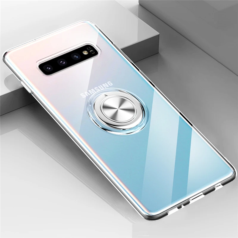 

Transparent Silicone Case For Samsung Galaxy S10 Plus S10E E Anti-Fingerprint Shockproof TPU Metal Finger Ring Clear Stand Cover