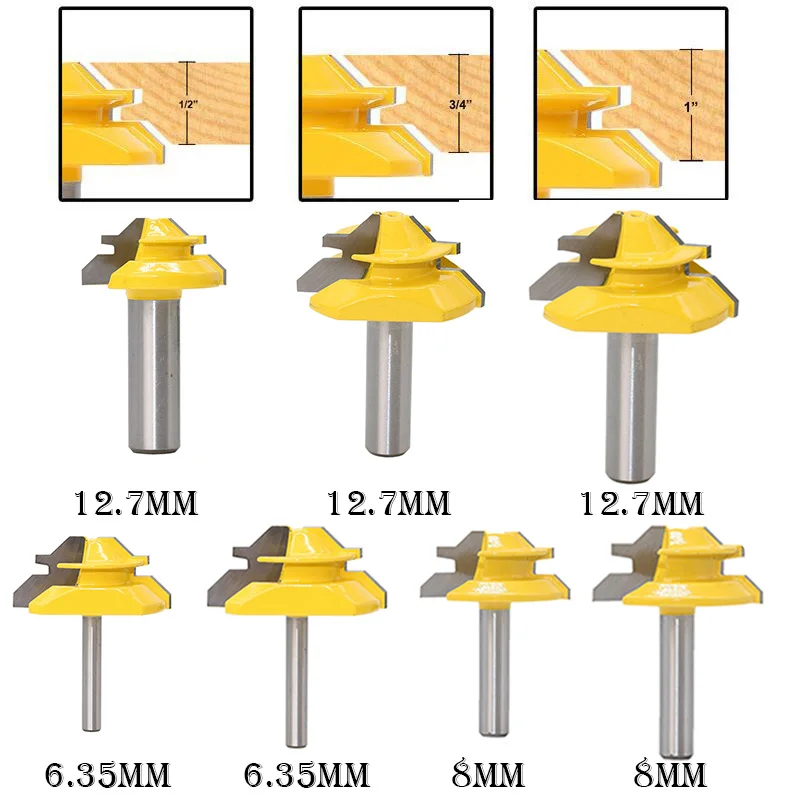 

Hot 45 Degree 6.35mm/8mm/12.7mm Wood Lock Miter Milling Cutter Tool 1/2 1/4 1/8 Shank Tenon Router Bits for Woodworking DIY