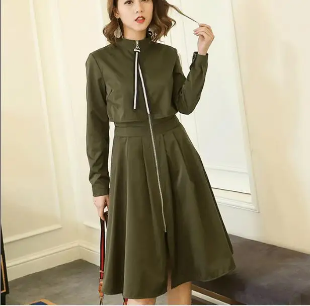 

Women Lady Slim Midi Dress Full Zip Front Turtleneck Long Sleeve Spring Autumn Dress Solid Black/Army Green/Khaki/Apricot RQ22