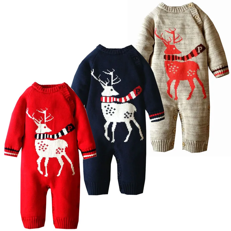 

Baby Rompers Winter Thick Climbing Clothes Newborn Boys Girls Warm Romper Knitted Sweater Christmas Deer Outwear