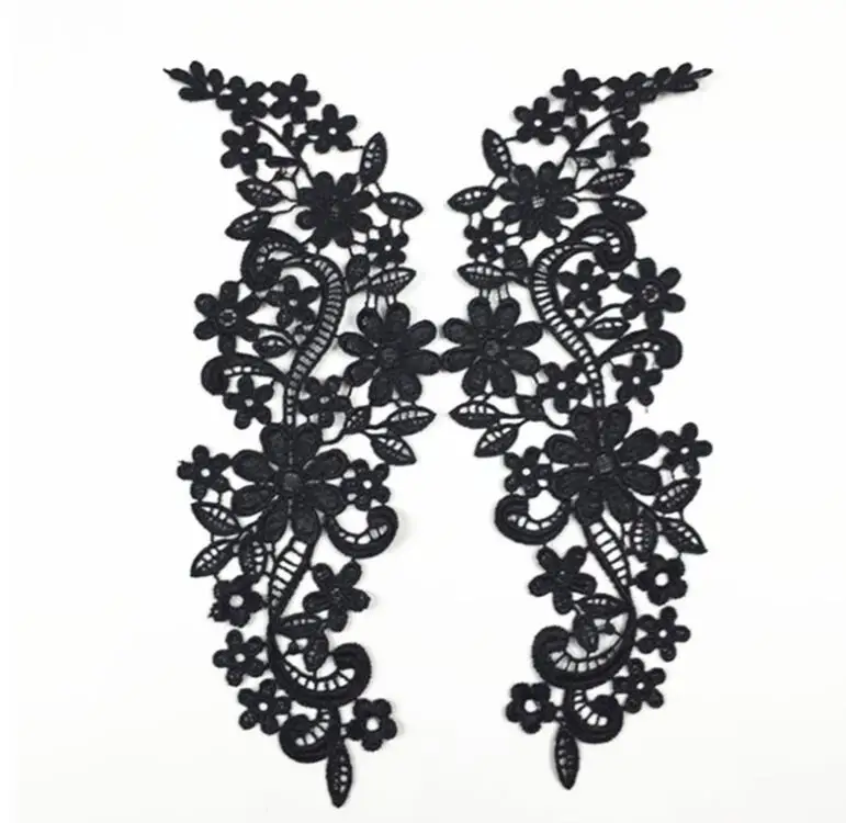 

1 pair 28*9cm Beautiful Flower Floral Pattern Lace Applique Fabric High Quality Black Mirror Lace Applique Patch in Pair
