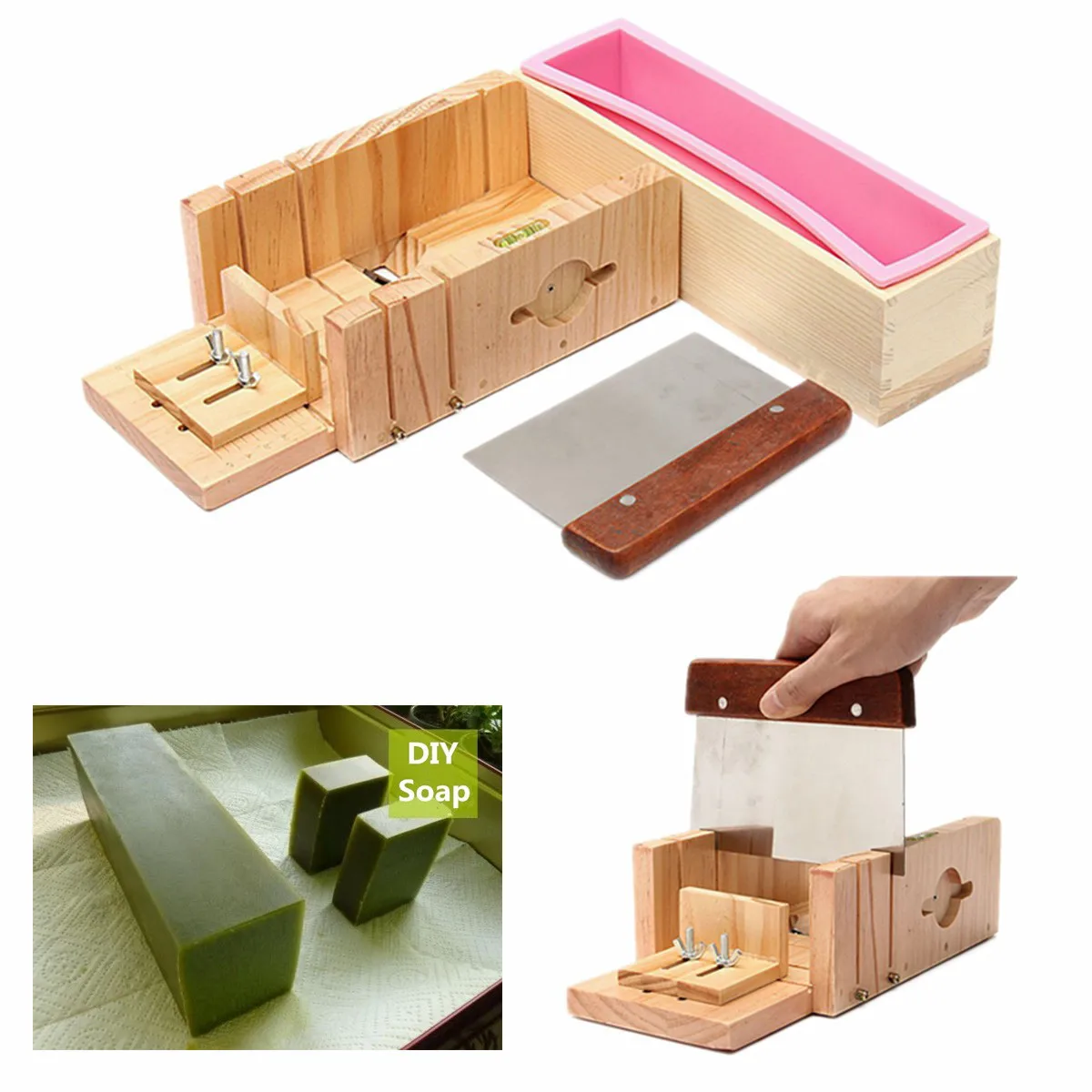

Adjustable Silicone Mold Soap Making Tool Set Wooden Cutter Box With Stainless Steel Knife For DIY Handmade Soaps Toast Cake