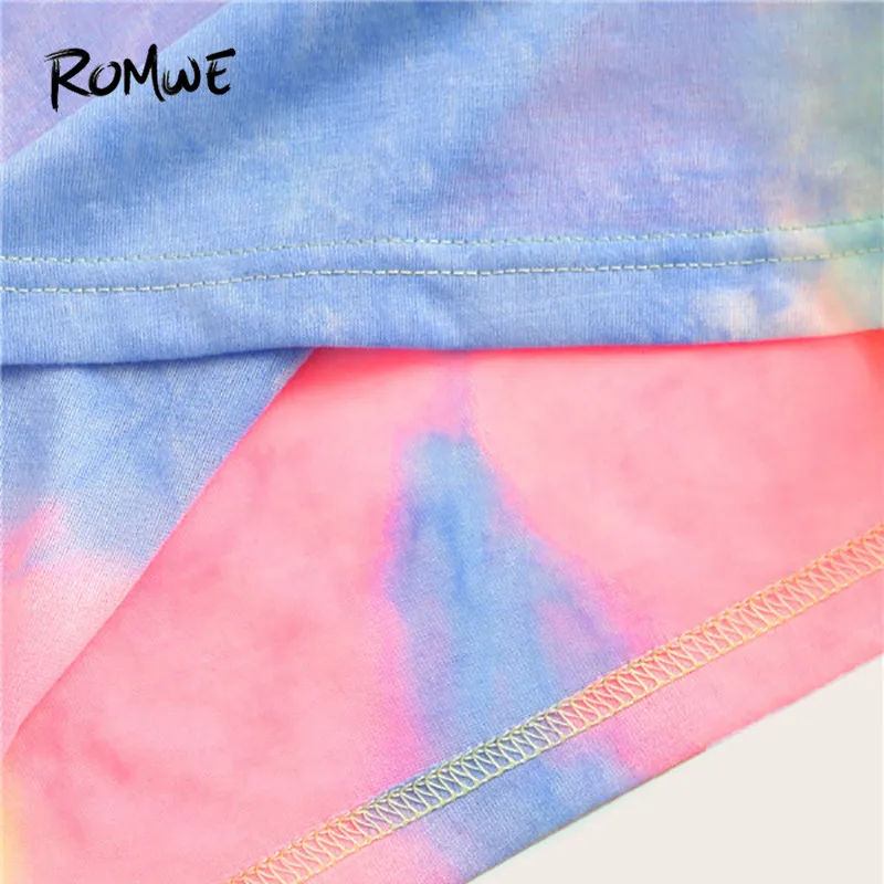 ROMWE шикарный многоцветный Галстук Краситель глаз и с принтом ресниц футболки с коротким рукавом женская уличная летняя эластичная цветная футболка