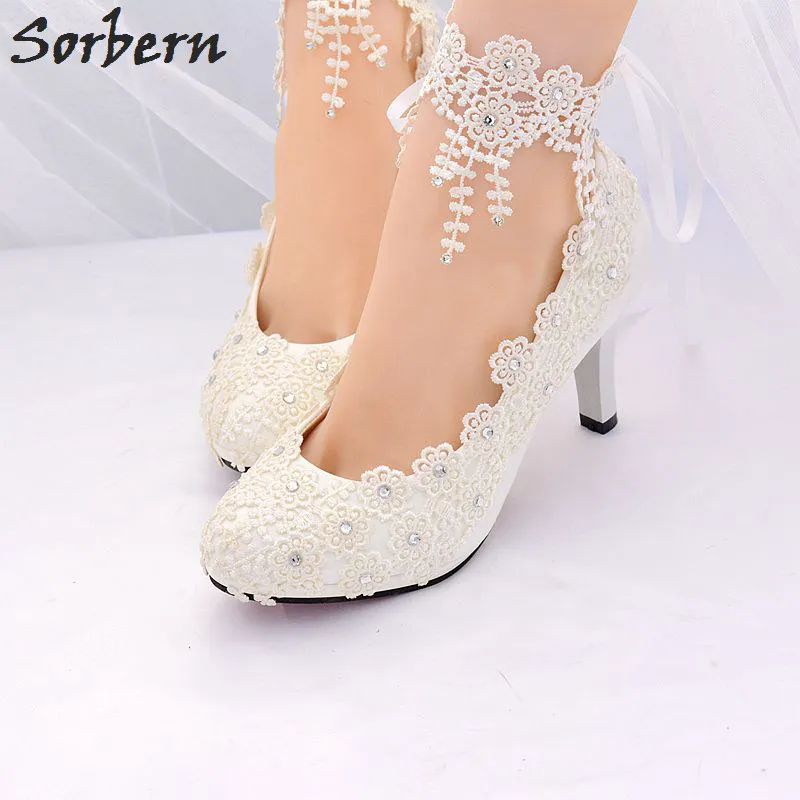 Sorbern White Bridal Wedding Shoes Pumps Women Shoes Lace Applique Crystal Real Image Show Ladies Party Shoes For Evening