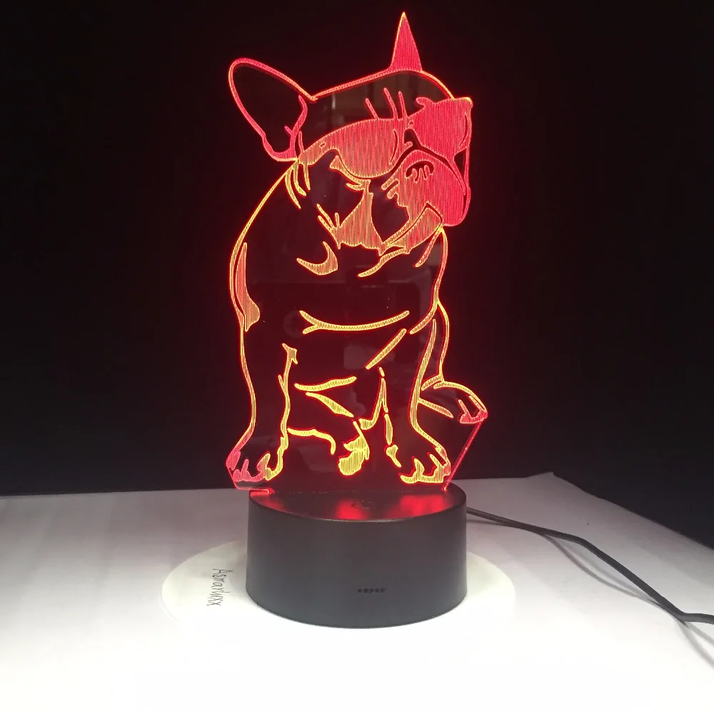 Bouledogue français avec lunettes de soleil 3D, veilleuse décorative pour chien français, éclairage à couleur changeante, lampe en acrylique, cadeau pour amoureux des chiens
