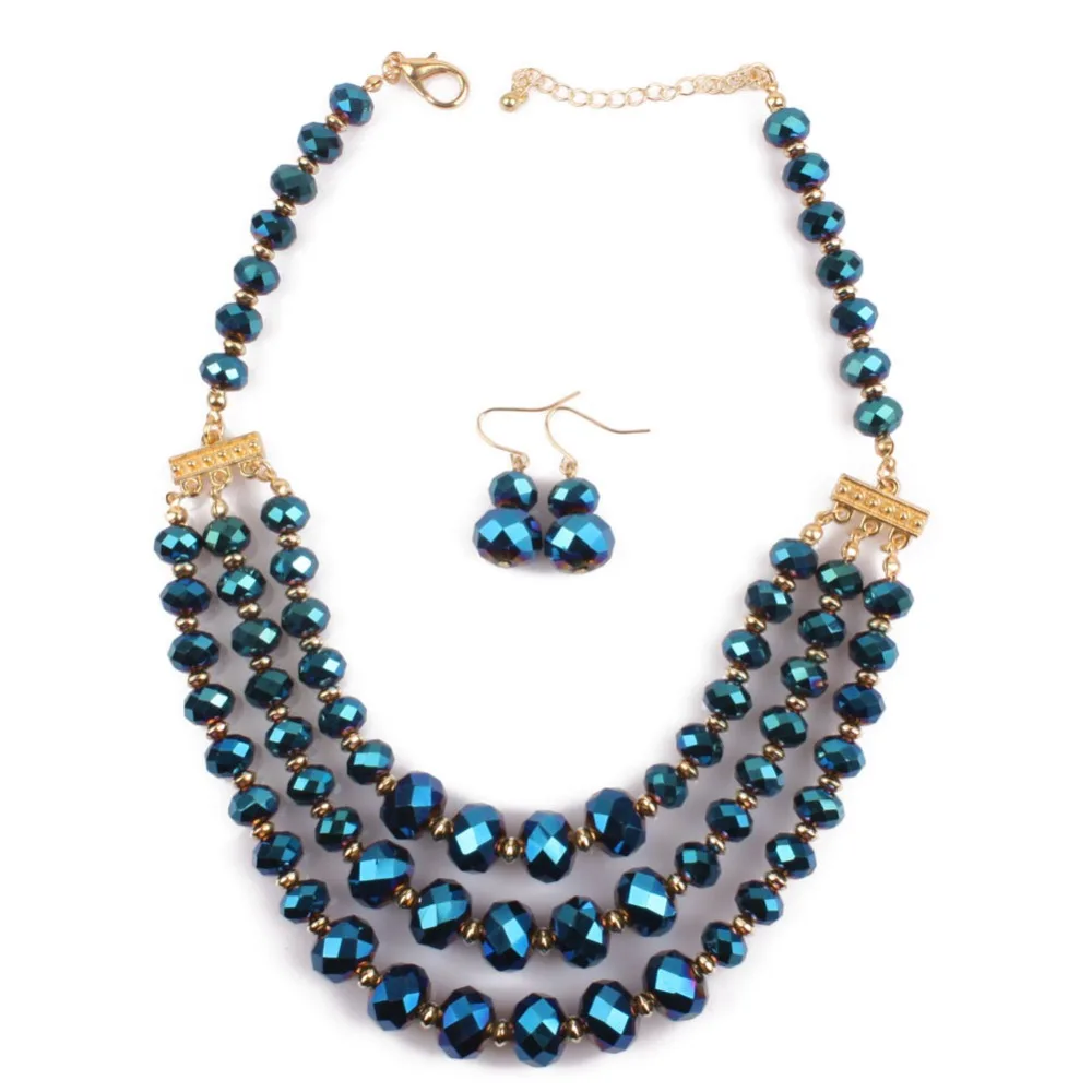 

3 Layered African Beads Jewelry Set For Women Strand Handmade Crystal Necklace Earrings Set African Bead Set