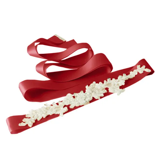 Noble Women Wedding Dress Belt Lace Applique Flowers Wedding Dress Pearls Wedding Belt Crystal Bridal Sash For Party Girl - Цвет: wine red