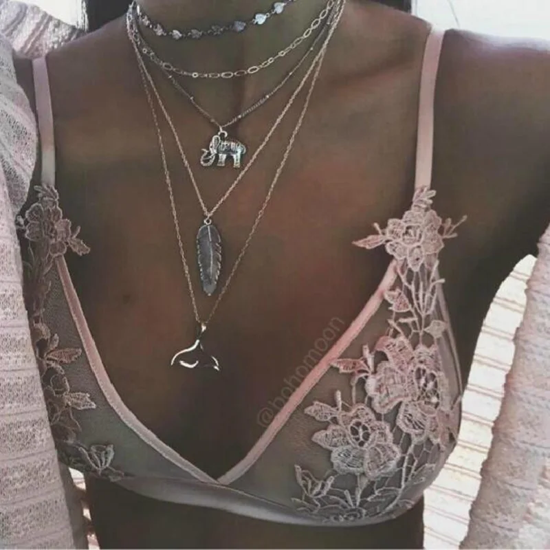 

RscvonM Bohemia Elephant Leaf Fish Tail Chain Multi Layer Pendant Necklace Women's Personality Clothing Jewelry Accessories