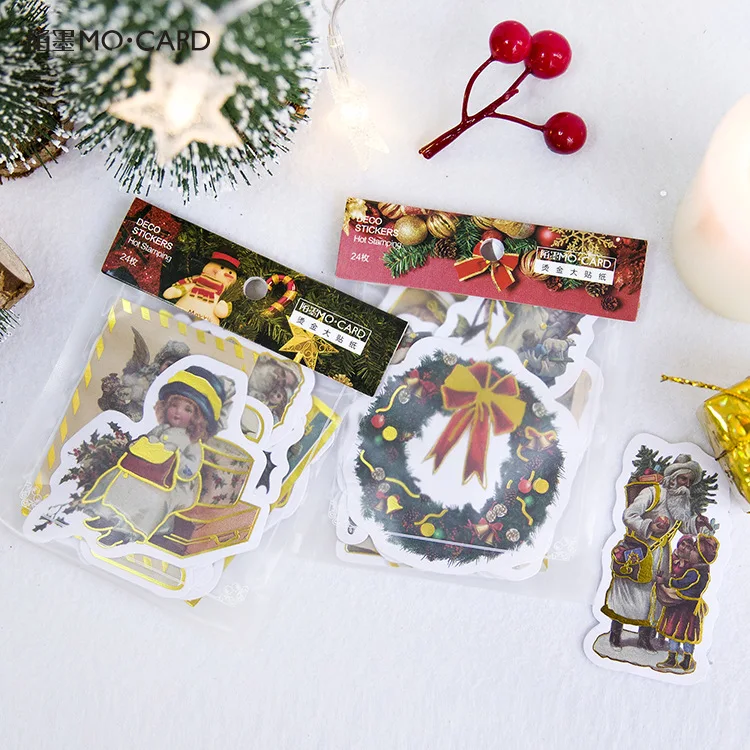 

24 pcs/Set Christmas bronzing series Kraft Paper Sticker Decoration DIY Handmade Arts Craft Sticker