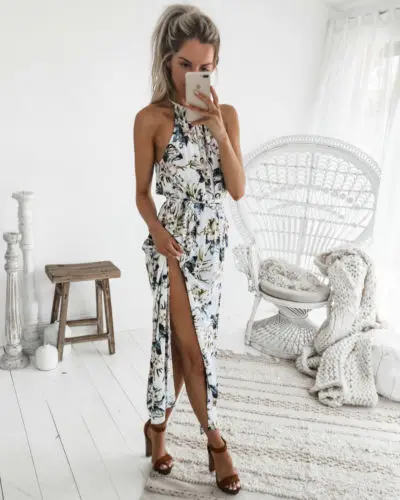 

Hot Retro Women Boho Stylish Long Maxi Floral Dresses Summer Party Beach Halter Dress Sexy Split Vestidos Beach Sundress New