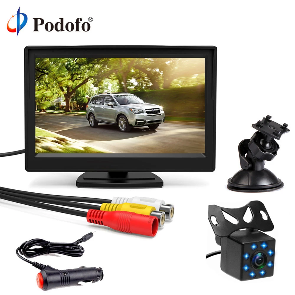 

Podofo 5'' Color Monitor Screen Parking Assist System Wired Backup Camera Waterproof 170 Degree Angle Lens 8 LED Night Vision