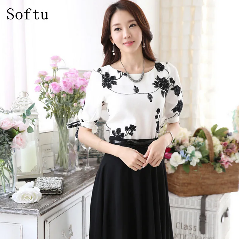 Softu Fashion Women's Blouse Summer Tops Chiffon Casual Women's Shirt O Neck Half Sleeve Floral Printing Female Blusas Clothing
