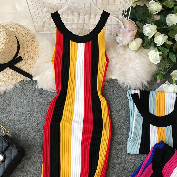 Sleeveless Round Neck Rainbow Vertical Striped Vintage Knit Dress