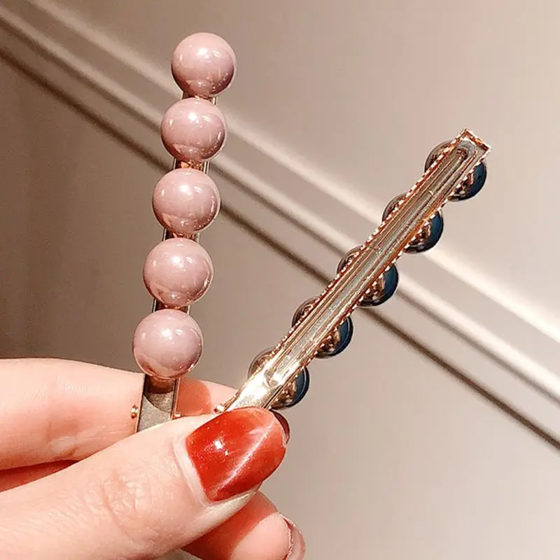 Women Minimalist Style Metal Alloy Straight Duckbill Hair Clips Round Peas Ball Faux Pearl Decor Hairgrips Glitter Metallic Barr