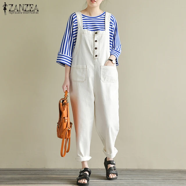 2018 ZANZEA Women Strappy Sleeveless Long Jumpsuits Casual Solid Loose Cotton Linen Rompers Party Harem Pants Overalls Dungarees