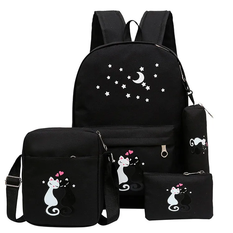 4 шт./компл. рюкзак школьные рюкзаки для девочек Кот Печать холст детский школьный рюкзак для подростков девочек консервативный рюкзак милый рюкзак - Цвет: black