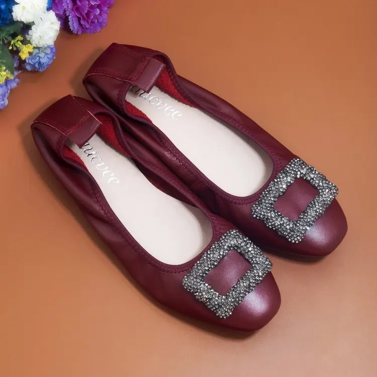Handmade 100% Genuine Leather Women Shoes Simple style Footwear Women soft Cowhide Loafer Crystal Buckle Lady  Ballet Flat Shoes (4)
