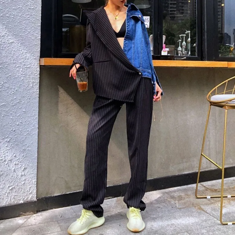 

[YaLee] New Fashion 2019 Summer Lace-up Button Pockets Trousers Striped Stitching Denim Loose Pants Women A540