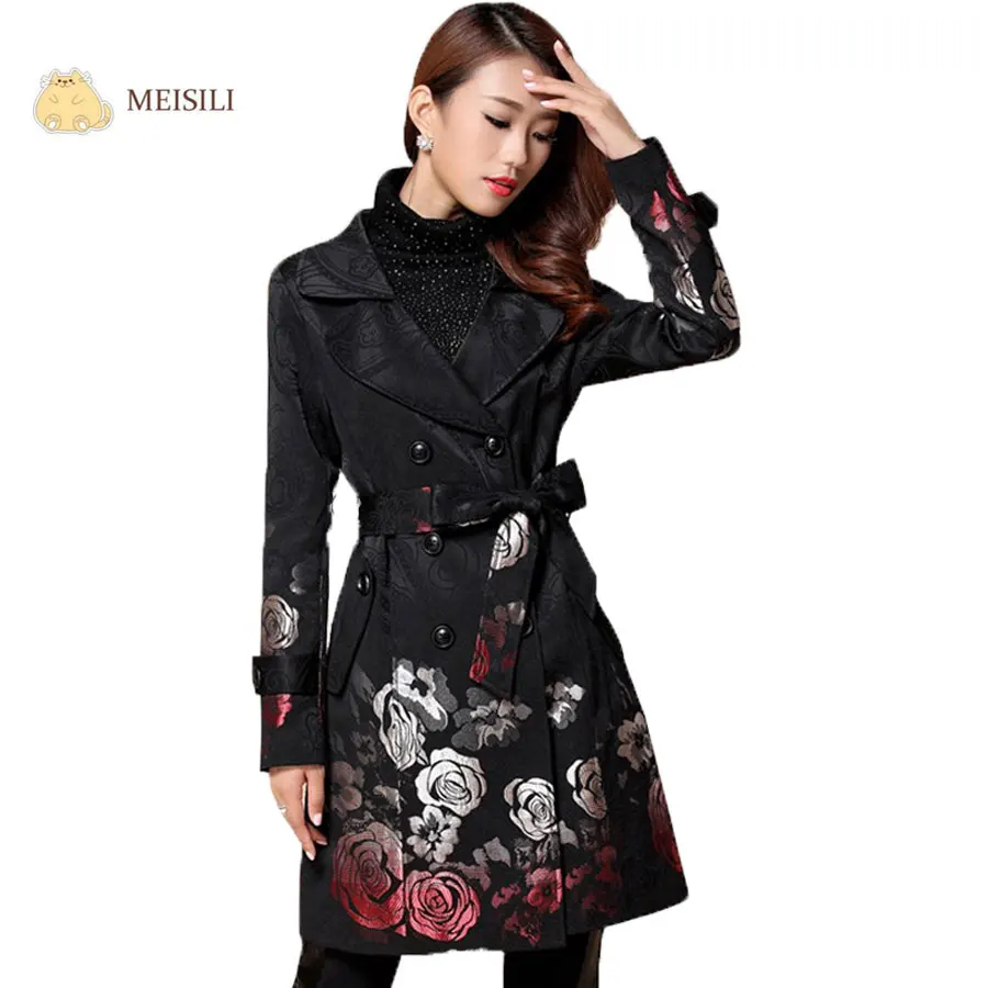 MEISILI Long Floral Print Trench Coat Spring Coat for Women Black
