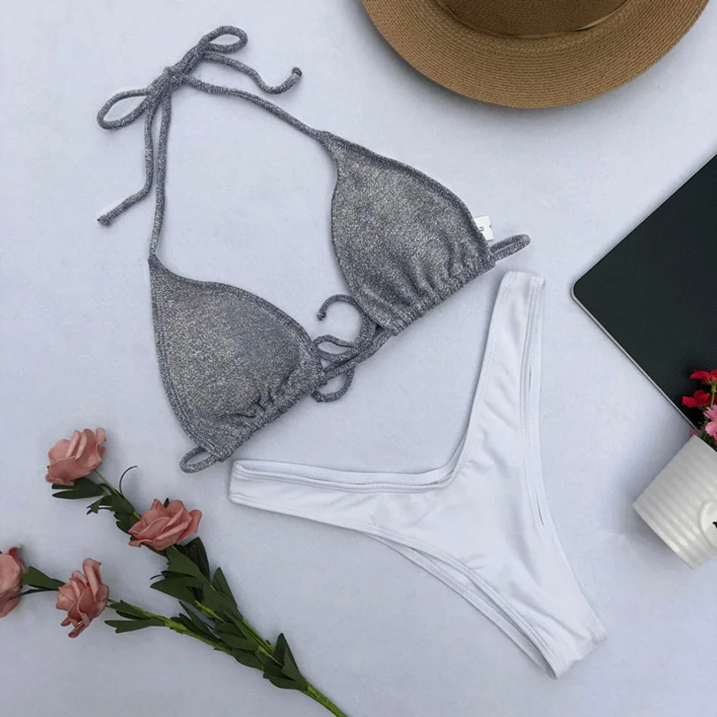 Women Summer Sexy Two Pieces Swimsuit Silver Silk Gold Sparkling Bikini Set Beachwear Low Waist Padded Bra Beach Bathing Suit Women Summer Sexy Two Pieces Swimsuit Silver Silk Gold Sparkling Bikini Set Beachwear Low Waist Padded Bra Beach Bathing Suit