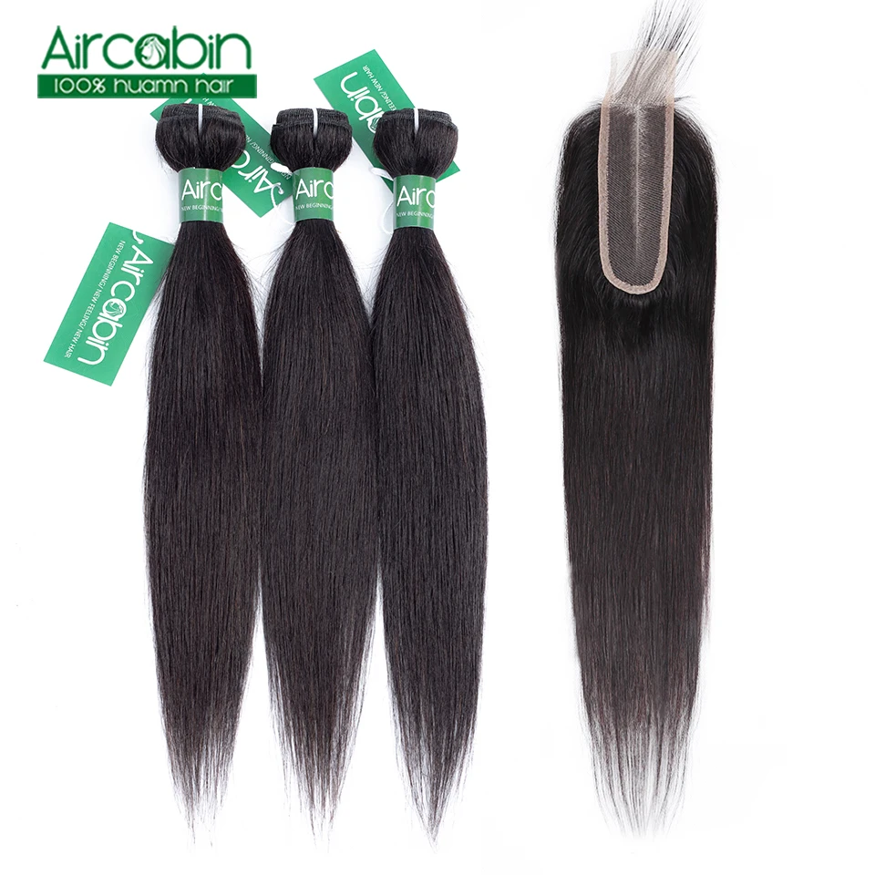 

Straight Hair Bundles With Closure Brazilian Hair Weave 50g Bundles With 2x6 Lace Closure Extension Natural Black Color Non-Remy