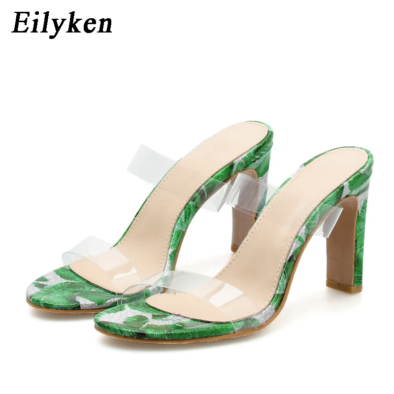 

Eilyken Summer Fashion PVC Transparent Women Slippers Sandals Open Toed Square Heel Green mules high heel Slippers