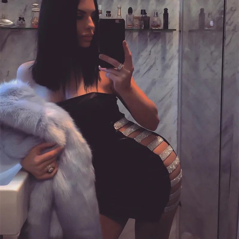 Sexy Sequins Glitter Split Dress Women Hollow Out Lace Up Dresses Slim Strapless  Female Nightclub Dress Vestido3