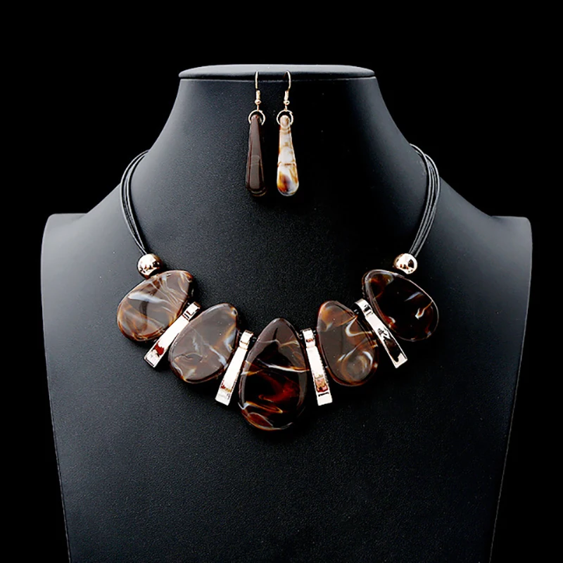 

New Hot sale Women's Gift Drop Earrings Jewelry Set Vintage Ellipse Marble Pattern Necklace Earrings Set Accessory
