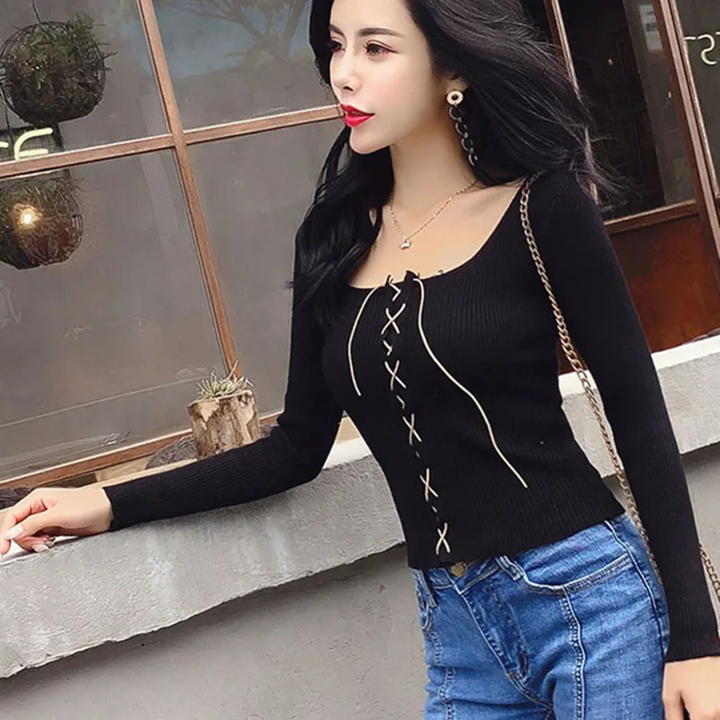 Crop Top Women Sweater High Elastic Low Round Neck 2019 Fall  Fashion Solid Lace Up Female Slim Sexy Bottoming Knitted Pullovers
