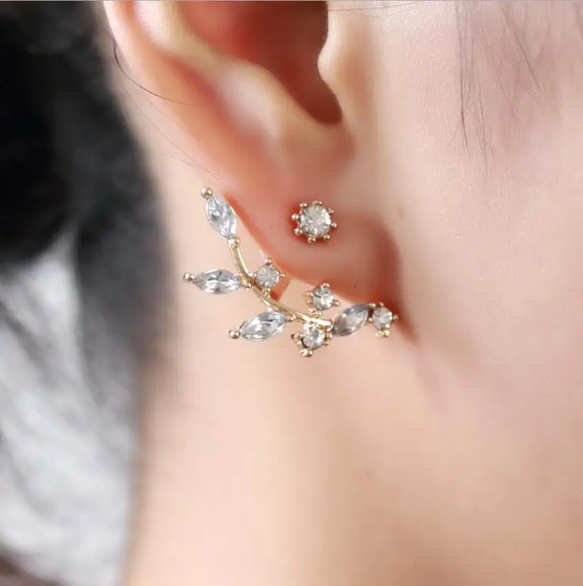 

Hfarich Crystal Leaf Earring Jackets Gold Rose Color Back Cuff Earrings for Women Statement Jewelry femme Dropshipping