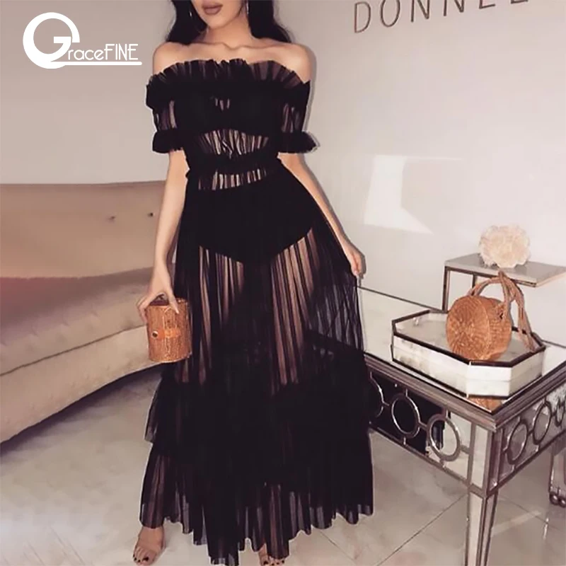 

Women Sexy black Dress Perspective Mesh Dress Autumn Hollow Out frill pleated Sundress Dress Vestidos Robes night club clothes