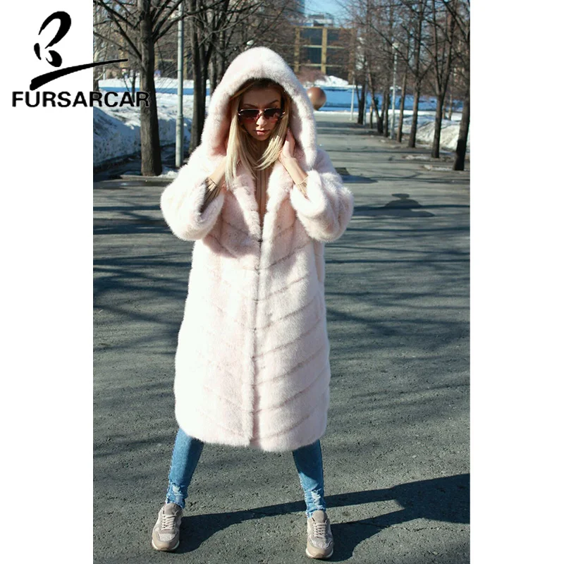 FURSARCAR настоящий мех кролика пальто женская зимняя модная теплая куртка с меховым капюшоном роскошный стиль шуба из кролика рекс