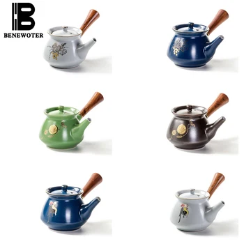 

200ml Classical Ceramic Porcelain Teapot Ebony Wooden Side Handle Tea Pot Handmade Pigmented Kung Fu Tea Set Kettle with 7 Holes