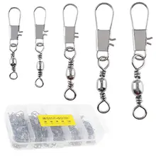 100 шт./лот, серебро, нержавеющая сталь, рыболовный Поворотный замок с шариковым подшипником, Поворотный соединитель, 5 размеров, смешанный с коробкой