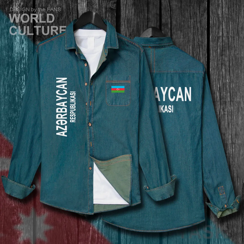 

Azerbaijan Azerbaijani AZE Men fashion clothes Spring Autumn Cotton Turn-down Collar Jeans Shirt Long Sleeve Cowboy Coat Flags