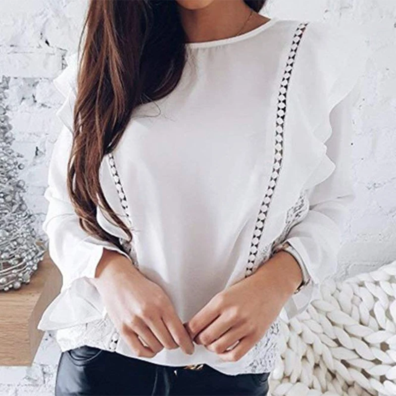 

Women Ladies Blouses And Tops Casual Ruffles Lace O Neck Shirt Long Sleeve Blouse blusas mujer de moda 2019 New Hot